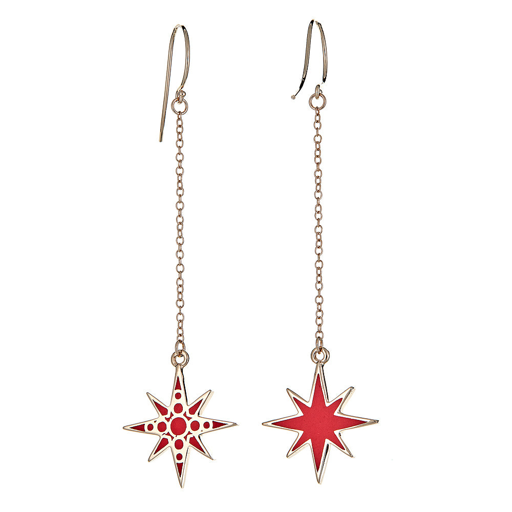 red enameled star earrings on chain