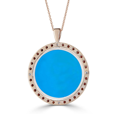 blue and red enamel pendant with gemstone halo