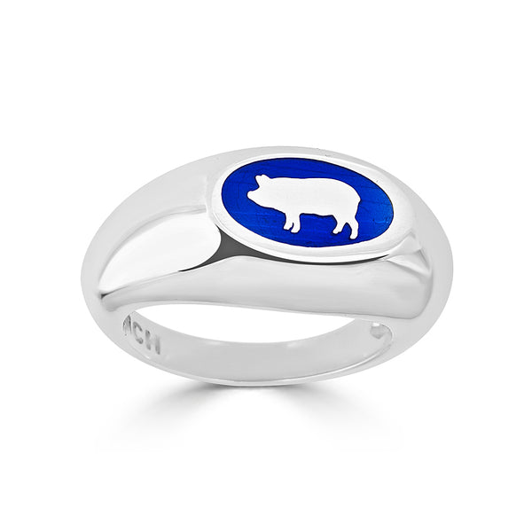 blue enamel and silver pig silhouette signet ring