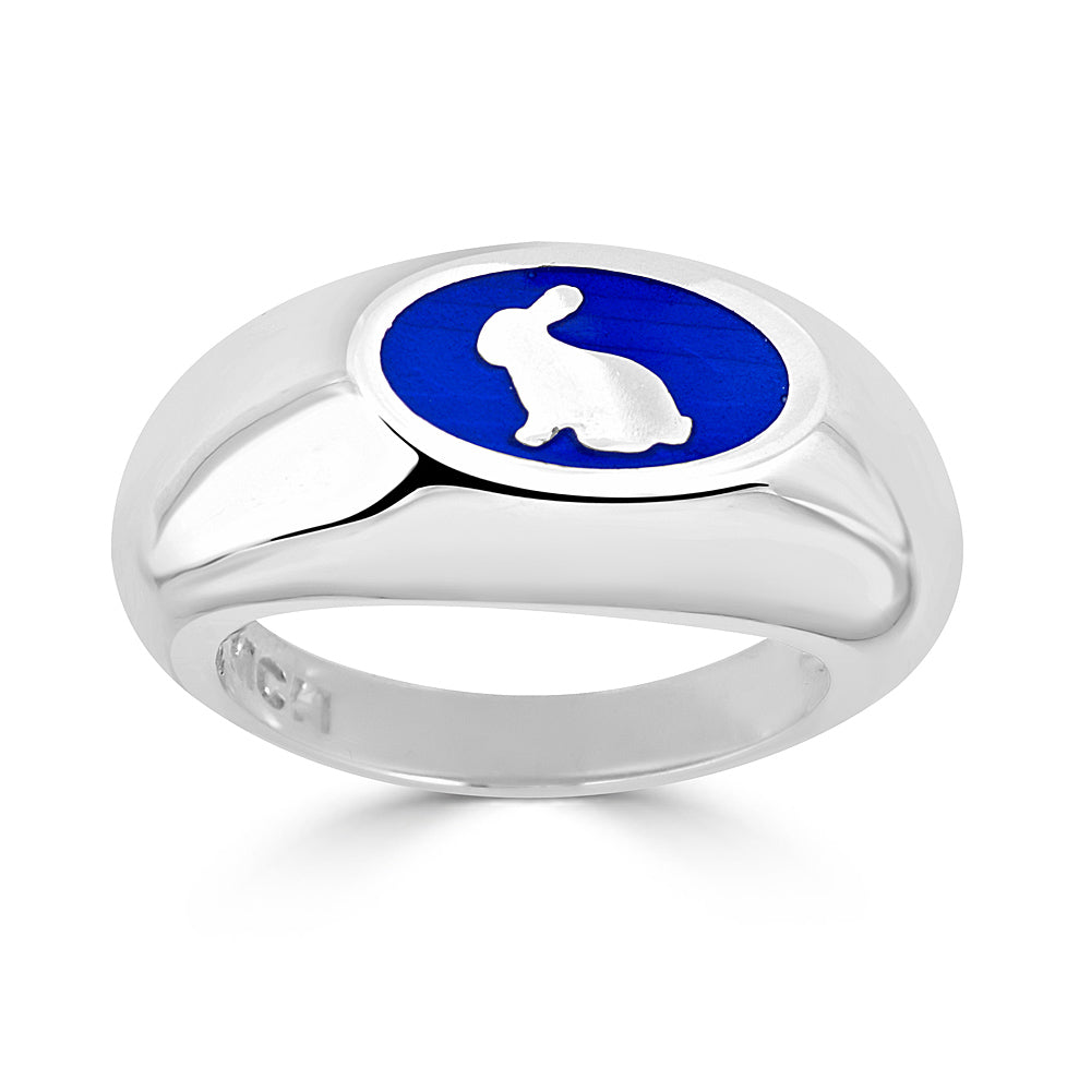 blue enamel and silver rabbit silhouette signet ring