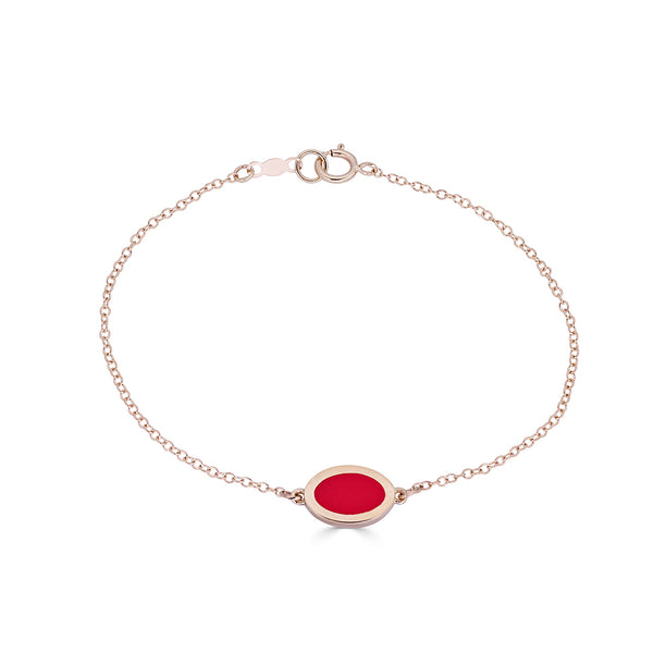 14k gold delicate chain bracelet with red enameled oval charm station