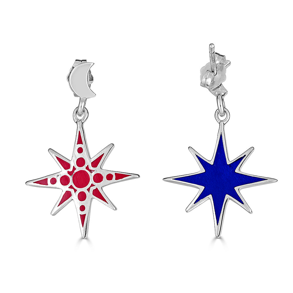 enamel star dangles on moon stud earrings in red and blue