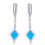 Blue Enamel Diamond Charm on Chain Silver Dangle Earrings