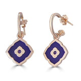 purple enameled Moroccan tile shaped charm on hoop earrings with amethyst