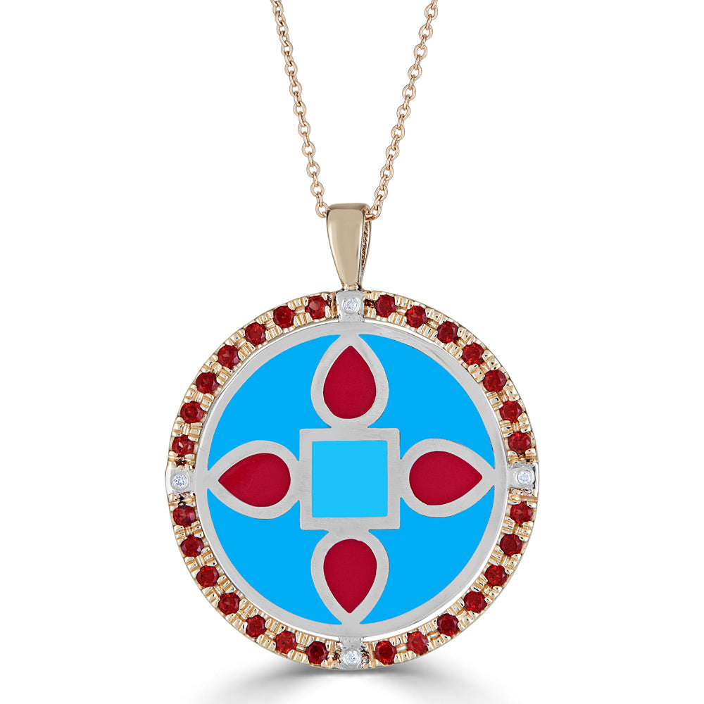 garent and diamond halo necklace with blue and red enamel center