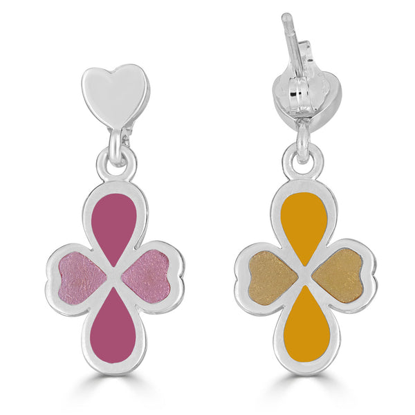 heart post earrings with clover drops in pink and yellow 