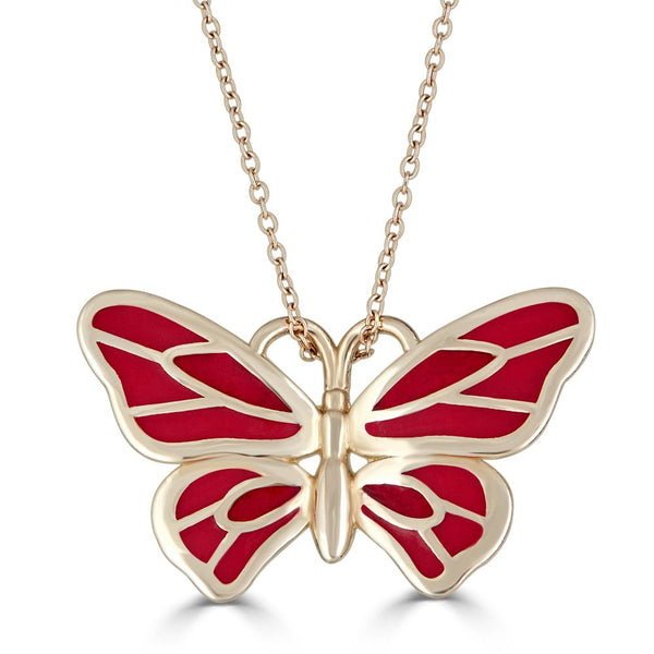 red enamel butterfly necklace in 14k