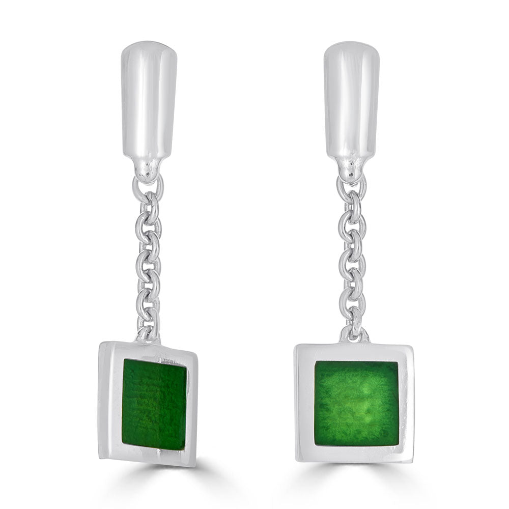 silver green enameled dangle post earrings