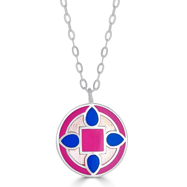 Pink and Blue Silver Reversible "Quatrefoil" Enamel Pendant Necklace