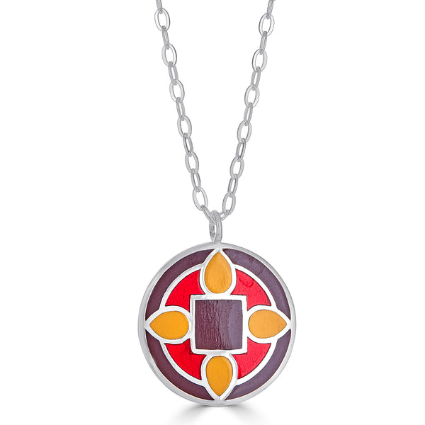 Tones of red and yellow enamel pendant necklace with quatrefoil design