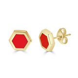 14k gold and red enameled hexagon post earrings