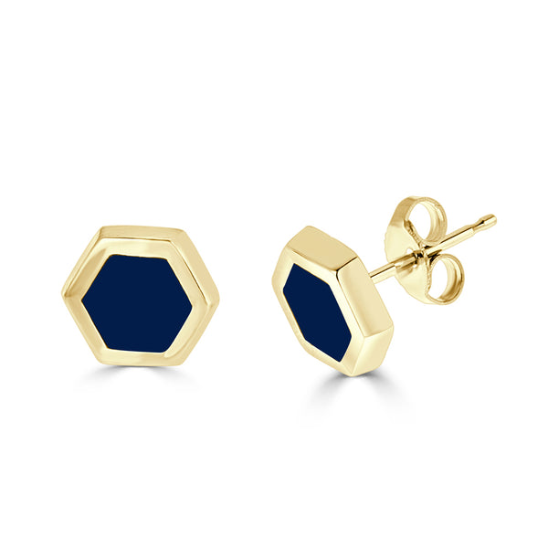 14k gold and navy blue enameled hexagon post earrings