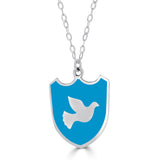 large shield pendant with peace dove in bright blue enamel field of color