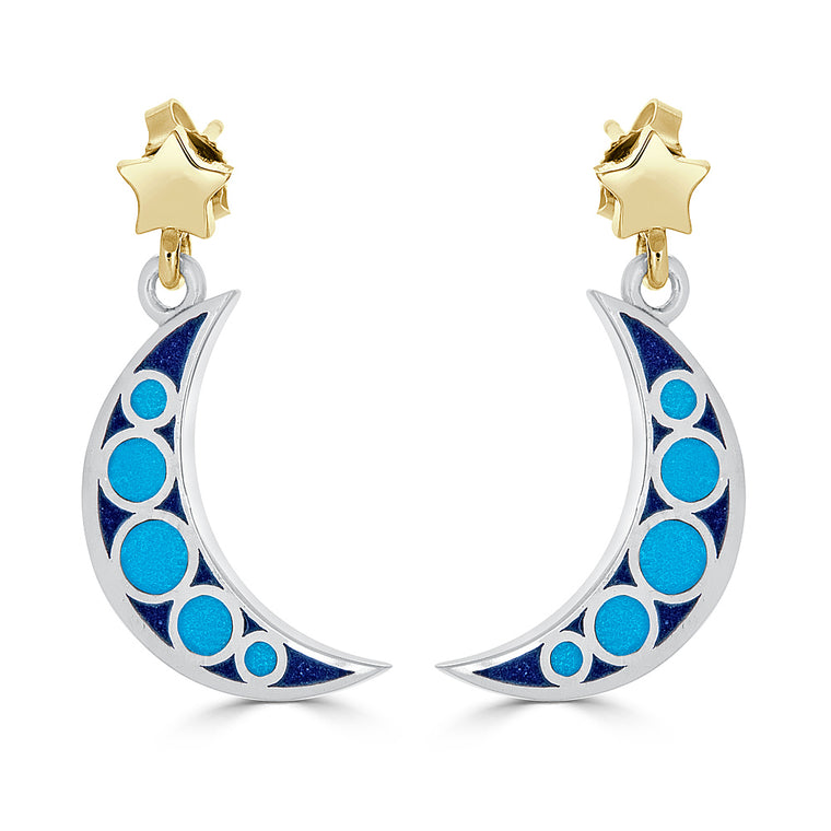Mixed Metal Enamel Crescent Moon and Star Earrings