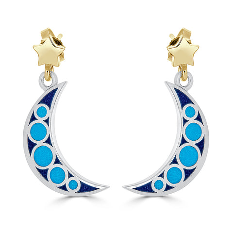 Mixed Metal Enamel Crescent Moon and Star Earrings