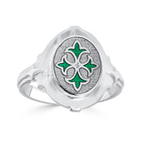 quatrefoil design in silver with green transparent enamel and diamond accent