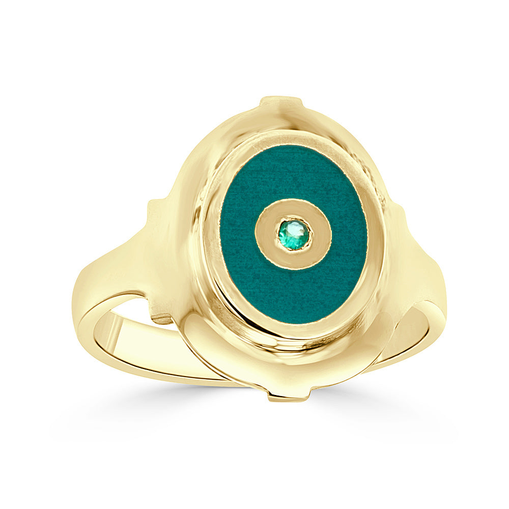 Simple Green Enamel Ring with Emerald Center in 14K Gold
