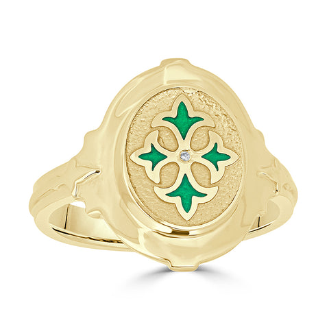 green enameled quatrefoil stained-glass inspired ring