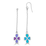 blue and purple clover shaped drops on delicate chain earrings