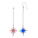 red and blue dangling earrings on silver chain