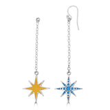 silver dangling star earrings in blue and yellow enamel