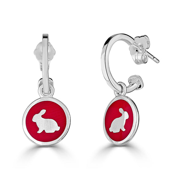 red enameled silver bunny rabbit charms on hoops earrings