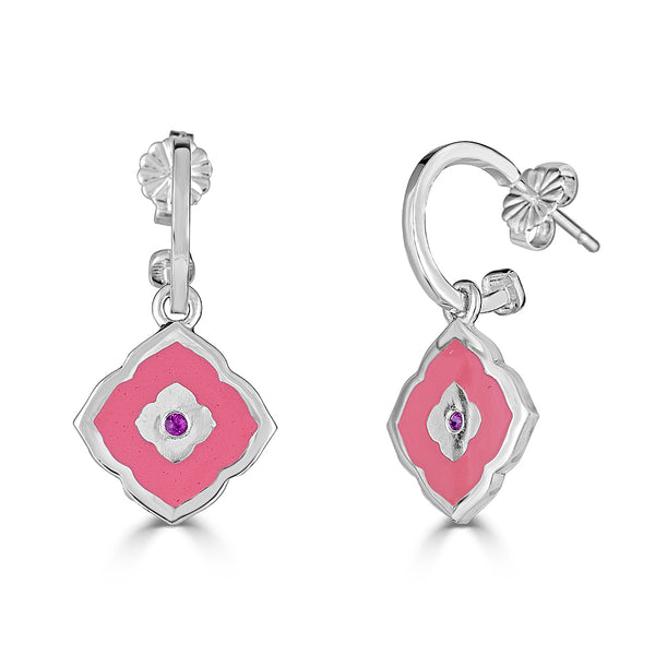 pink Moroccan inspired enamel earring on hoop with pink sapphire center stone accent