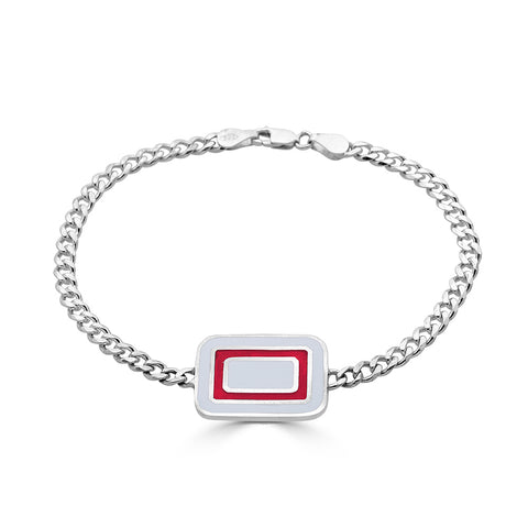 double sided id bracelet with red and white abstract design