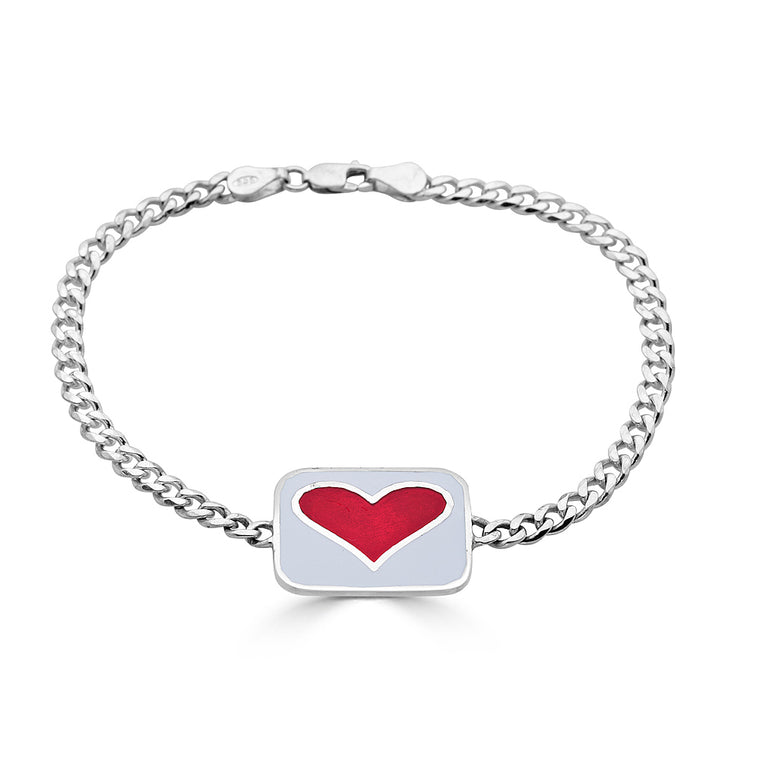 Double Sided Silver ID Bracelet with Enamel Heart Design