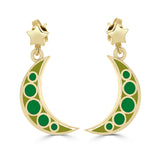 celestial crescent moon and star earrings in 14k gold and green enamel