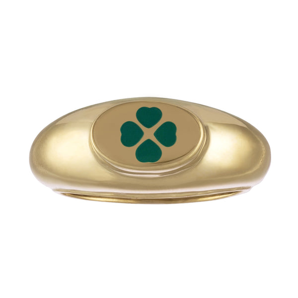 gold signet ring with green enamel shamrock design 