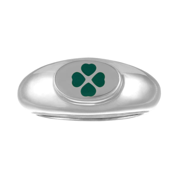 silver signet ring with green enamel four leaf clover design