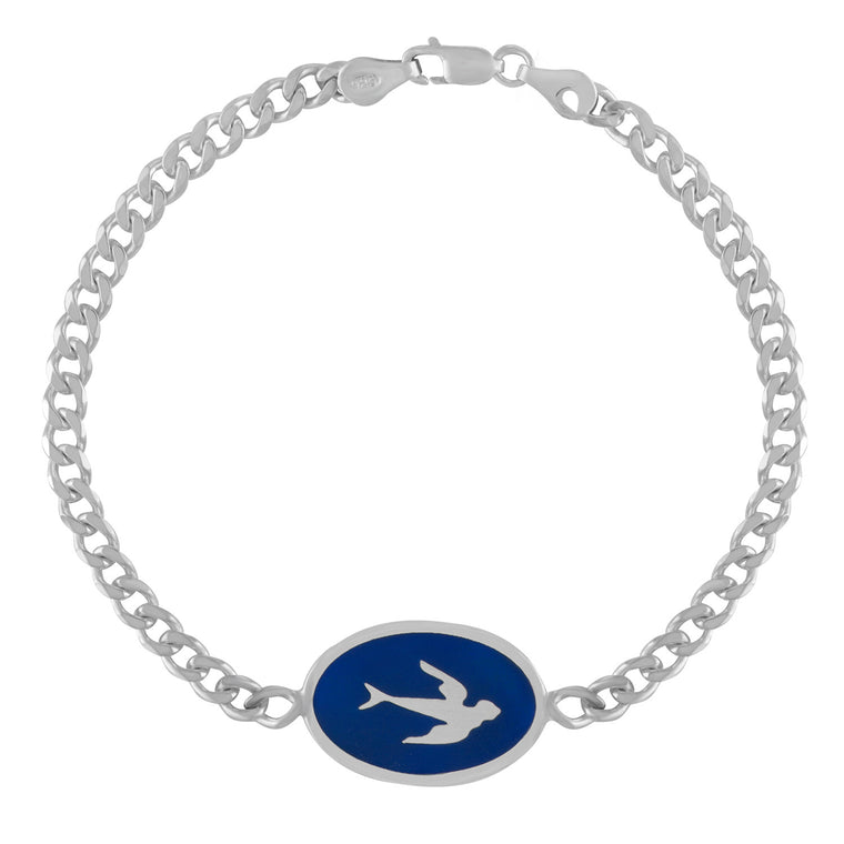 Silver ID Bracelet with Blue Enamel Swallow Design