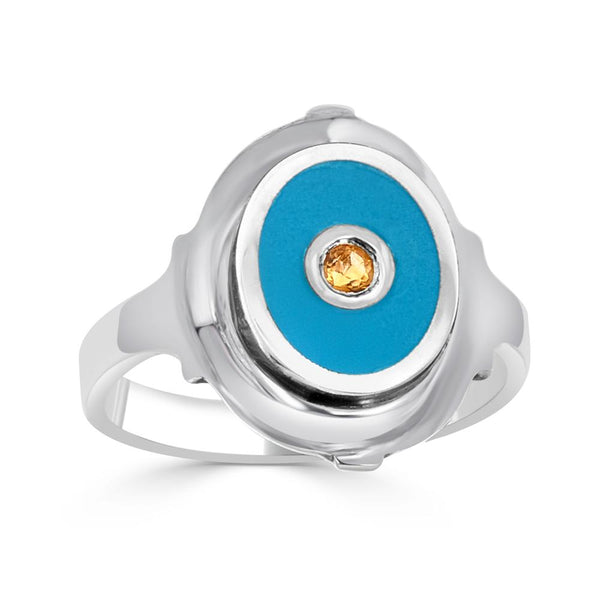 blue enameled cigar band ring with citrine