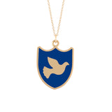 navy blue enameled shield pendant with silhouette of a peace dove in 14k gold