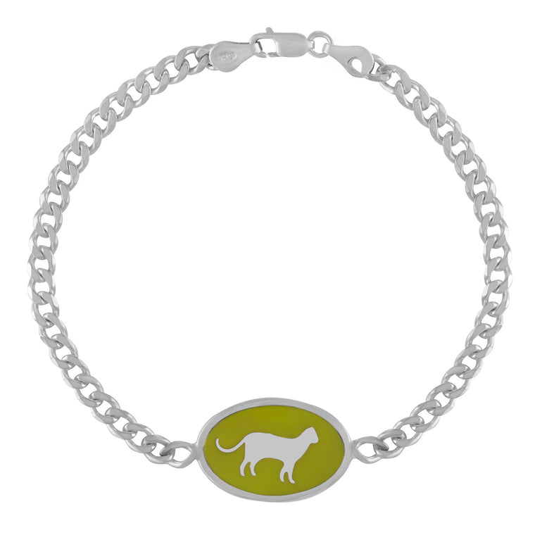 Silver ID Bracelet with Green Enamel Cat Design