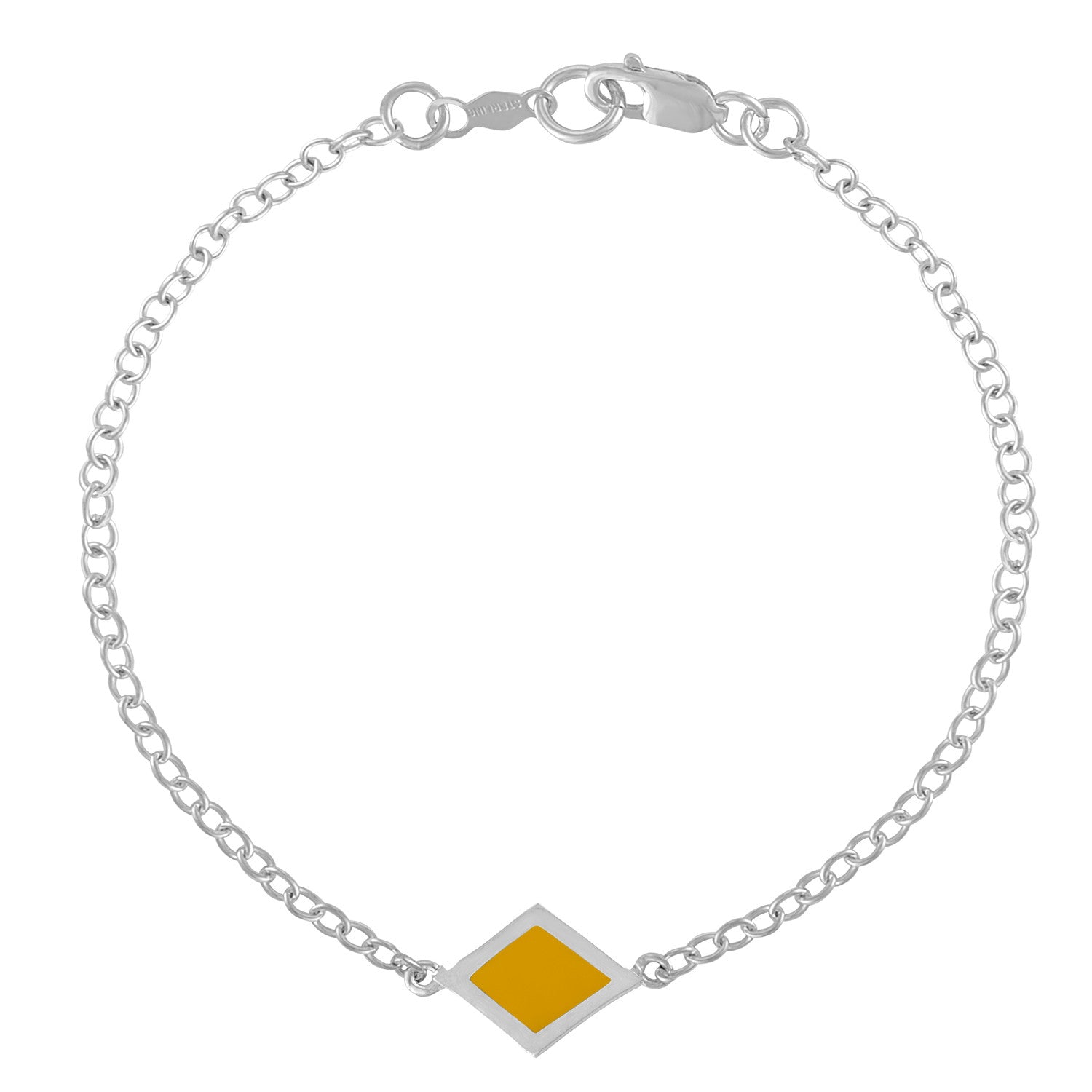 yellow enameled diamond shaped charm on delicate silver chain bracelet