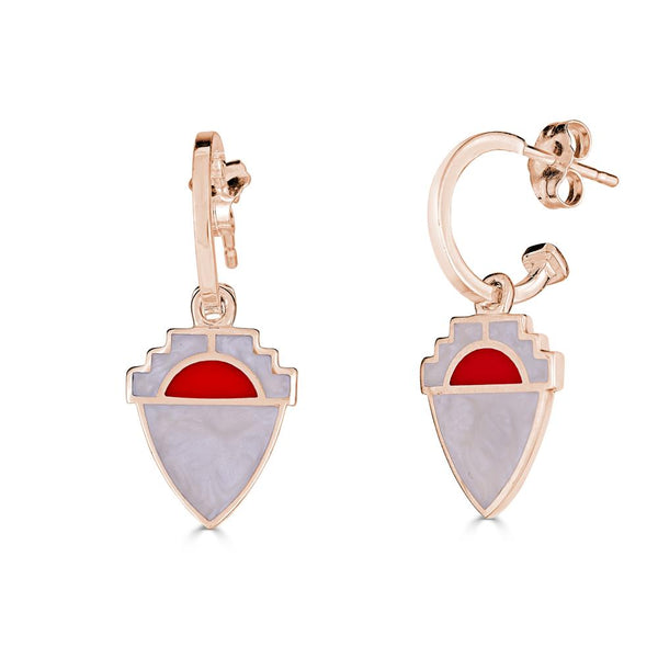 14k gold shield shaped earring with red and white enamel