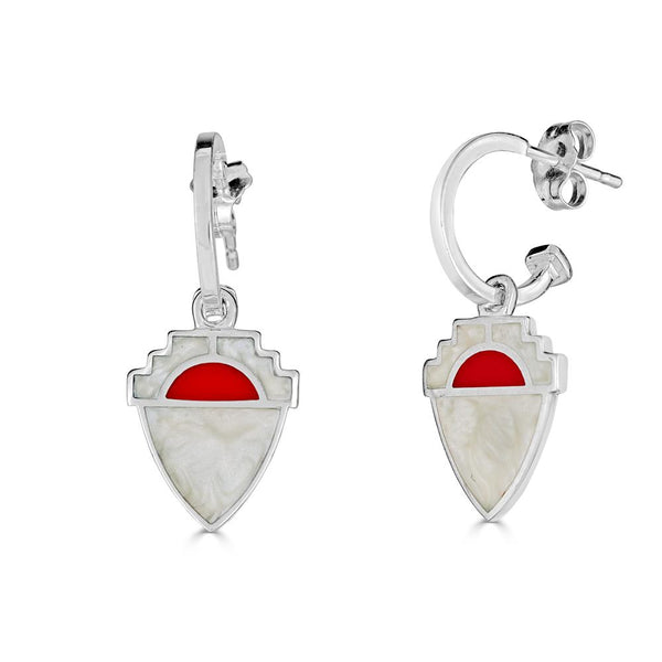 white pearl and red enamel sterling silver shield earrings 