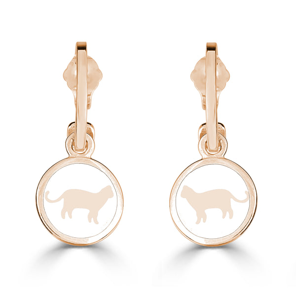 gold cat charms in white enamel on hoops