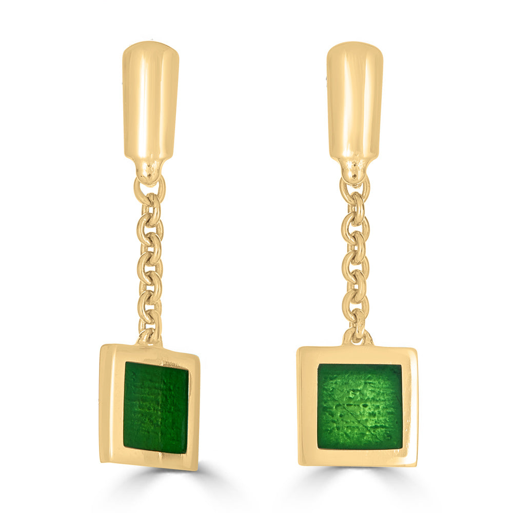 gold emerald green transparent enameled charm earrings