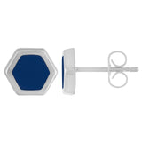 silver and navy blue enameled hexagon shaped post earrings