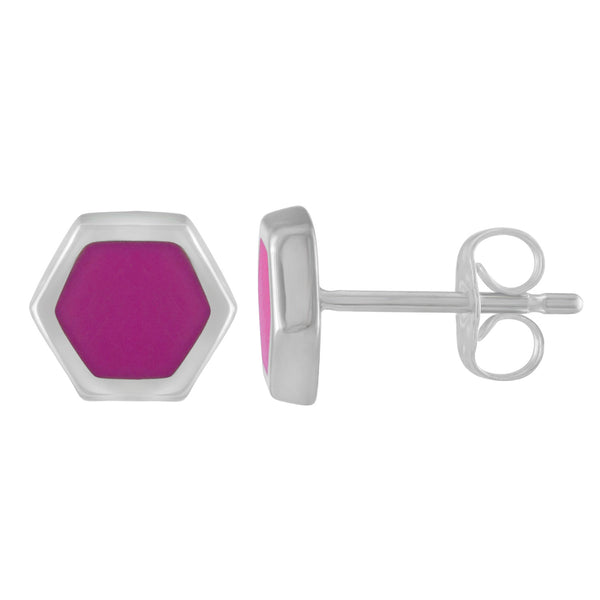 silver and pink enameled hexagon stud earrings