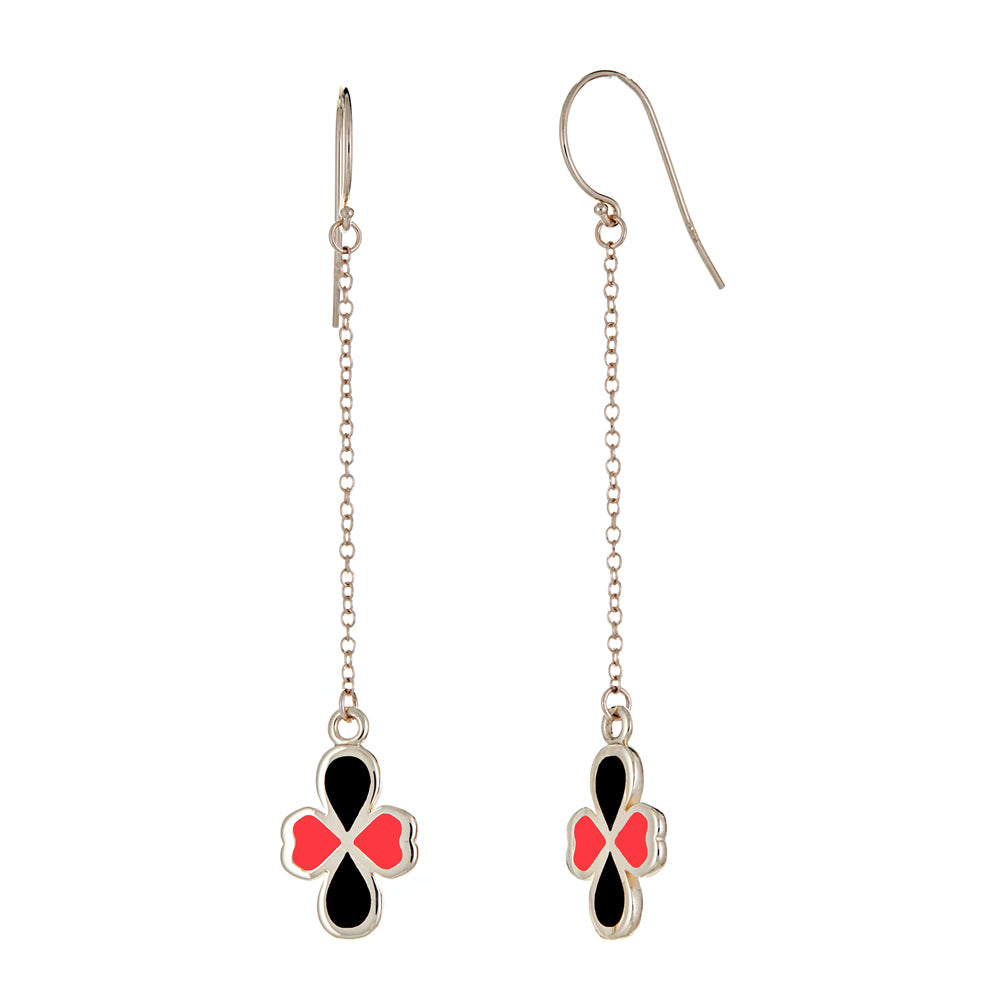 14k gold black and red enamel clover shaped charms on chain earrings