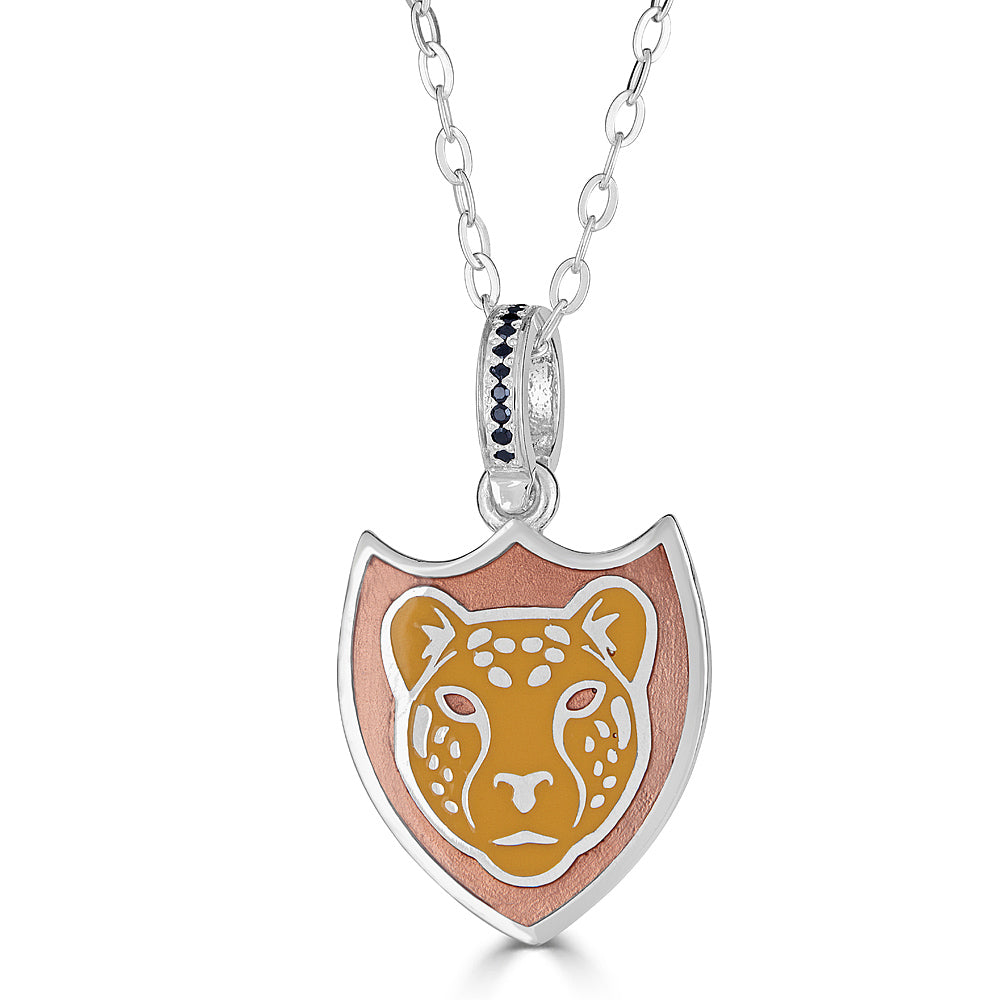 onyx bail with two toned orange enamel leopard face pendant necklace