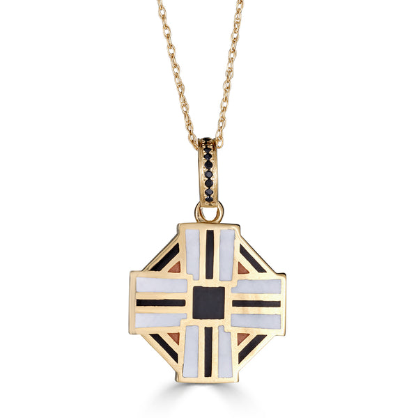 black white and orange enameled Maltese cross necklace