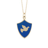 14k gold mini dove shield charm necklace in blue enamel