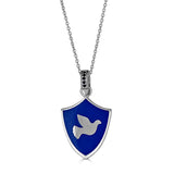 blue enamel shield-shaped necklace with onyx bail and peace dove
