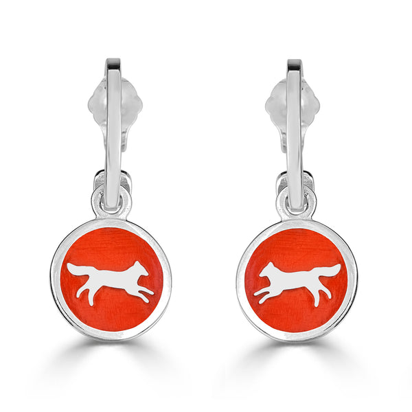 Silver fox charms enameled in orange on hoop earrings