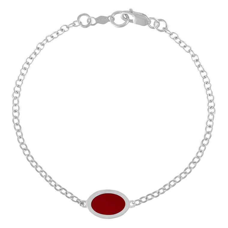 Simple Geometry Chain Bracelet with Red Enameled Oval Charm